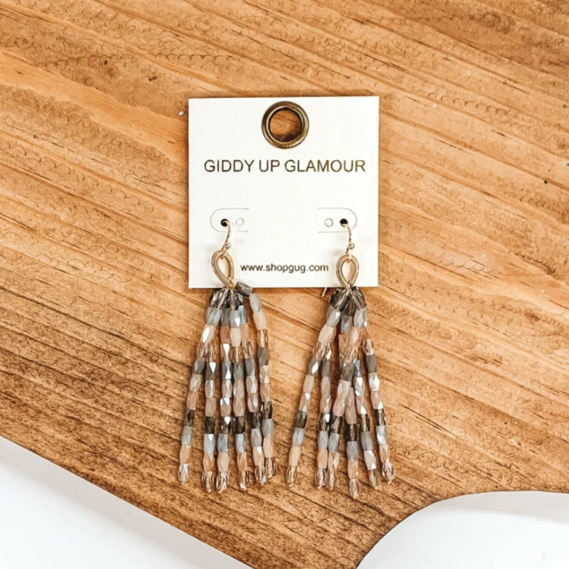 Designer Hoop Drop Earrings for Women-Crystal Beaded Tassel Earrings in Nude