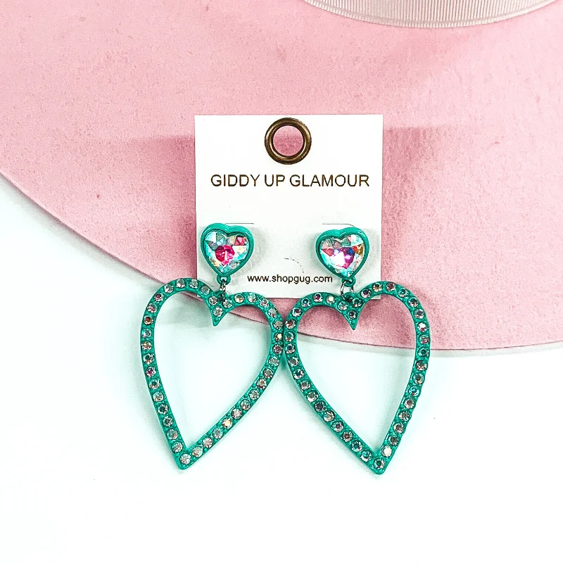 Stylish Hoop Earrings-AB Crystal Heart Outline Earrings in Turquoise