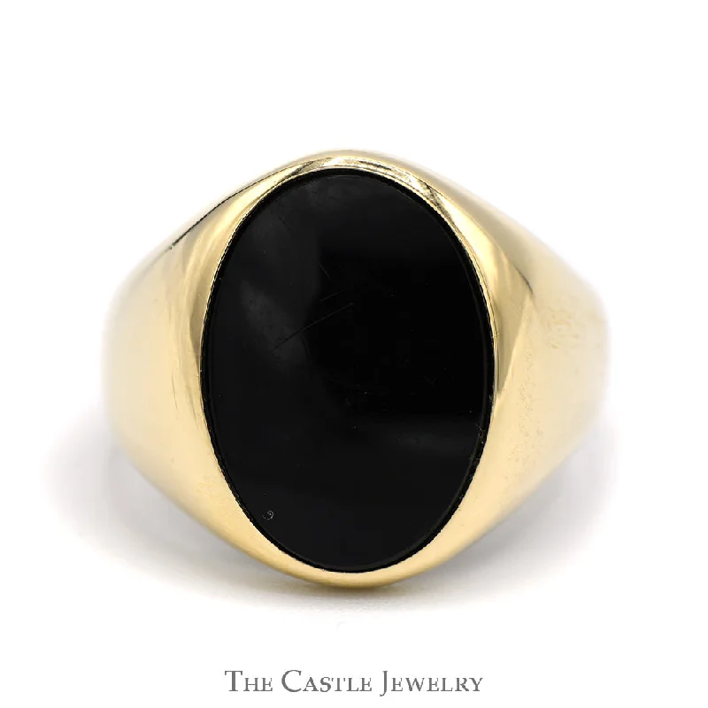 Custom Wedding Band Designs for Men-Oval Cut Black Onyx Signet Ring in 10k Yellow Gold Tapered Mounting