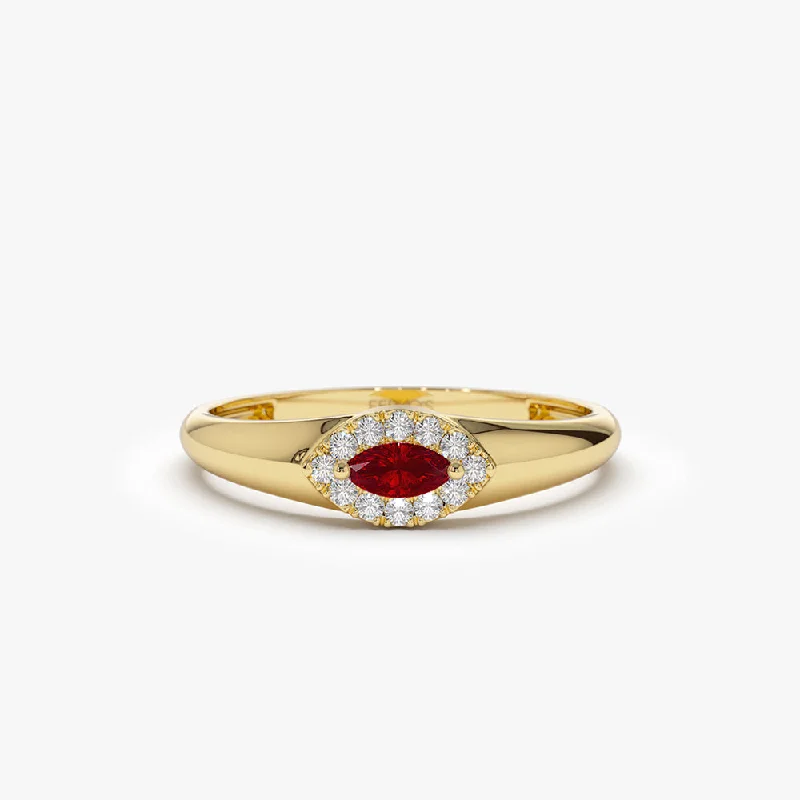 High-End Custom Engagement Rings-14k Marquise Ruby Ring in Halo Setting