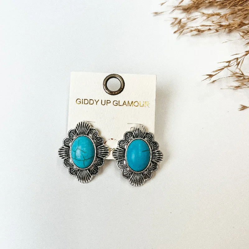 Luxury Pearl Drop Earrings-Western Silver Tone Post Back earrings with Oval Turquoise Stone