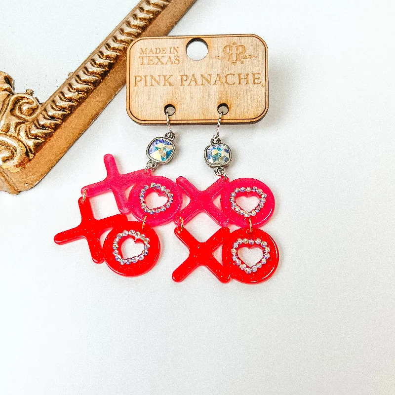 Unique Drop Stud Earrings-Pink Panache | Cushion Cut AB Crystal with XOXO Acrylic Letter Earrings in Pink and Red