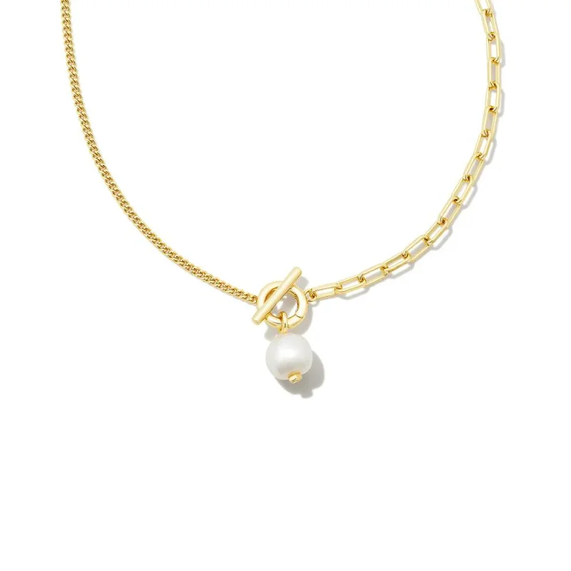 Simple Hoop Earrings for Women-Kendra Scott | Leighton Gold Pearl Chain Necklace in White Pearl