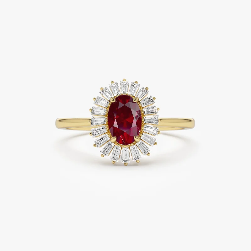 Vintage Engagement Rings for Men-14k Baguette Diamond Ballerina Oval Ruby Ring