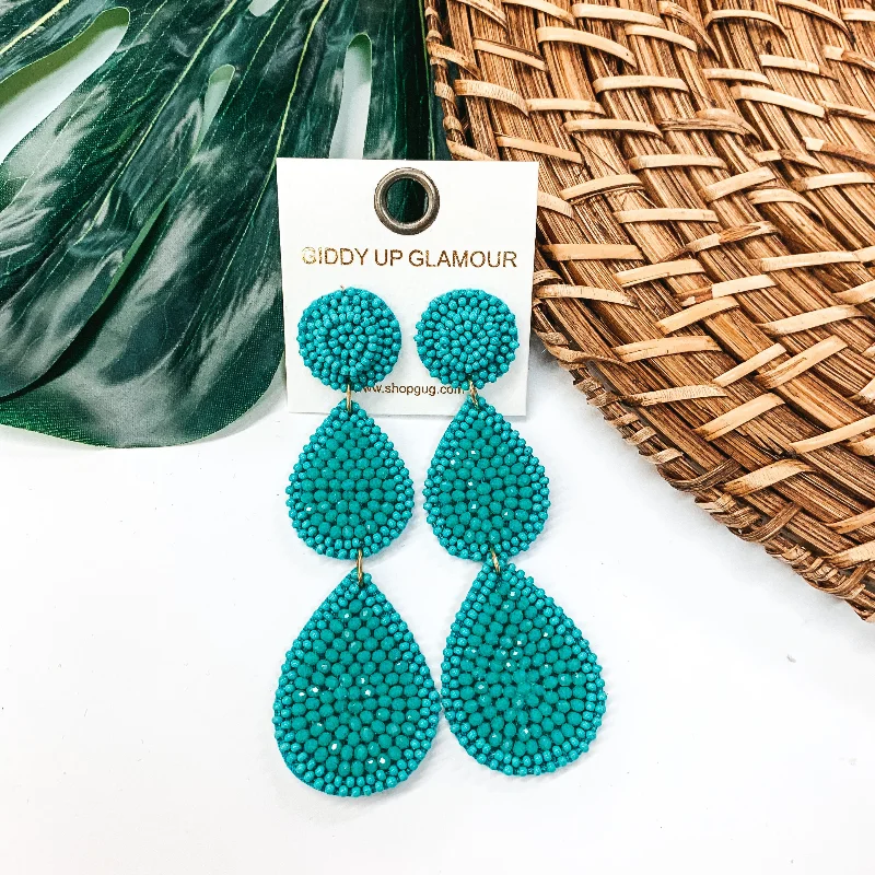 Trendy Gold Earrings for Women-Glass Seed Beaded Drop Earrings in Turquoise