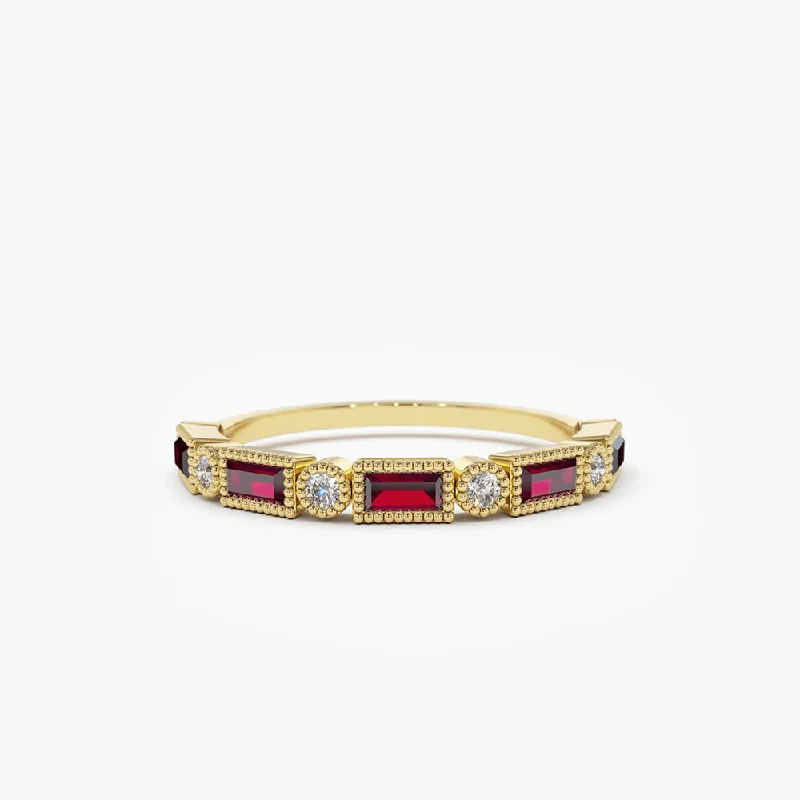 Women’s Engagement Rings with Diamonds-14k Baguette Ruby and Diamond Ring