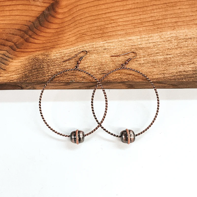 Elegant Crystal Earrings for Women-Copper Tone Twisted Circle Drop Earrings with Single Copper Tone Bead