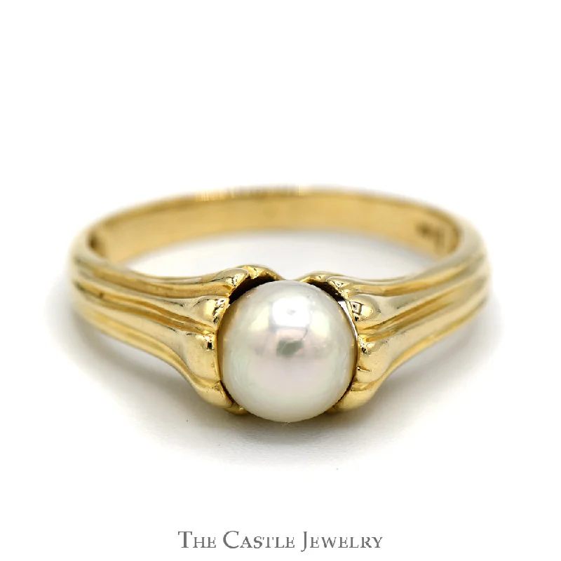 Matching Promise Rings Sets-6.5mm Pearl Solitaire Ring with Grooved Design Sides in 14k Yellow Gold