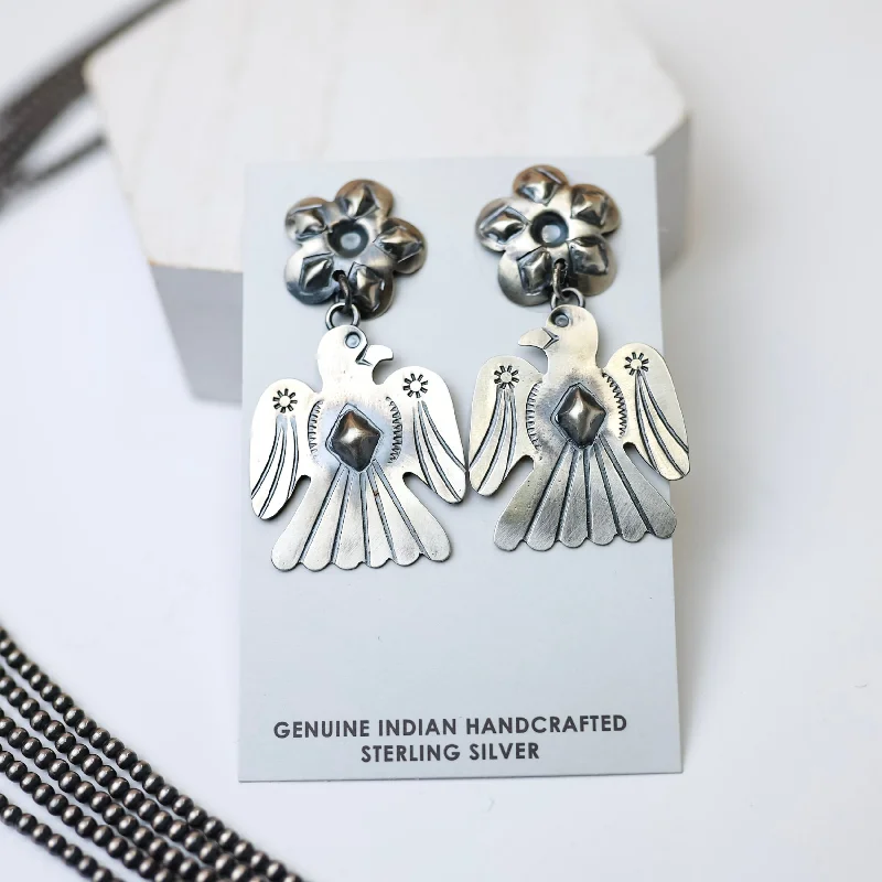 Crystal Hoop Earrings for Women-Tim Yazzie | Navajo Handmade Sterling Silver Flower Post Thunderbird Drop Earrings