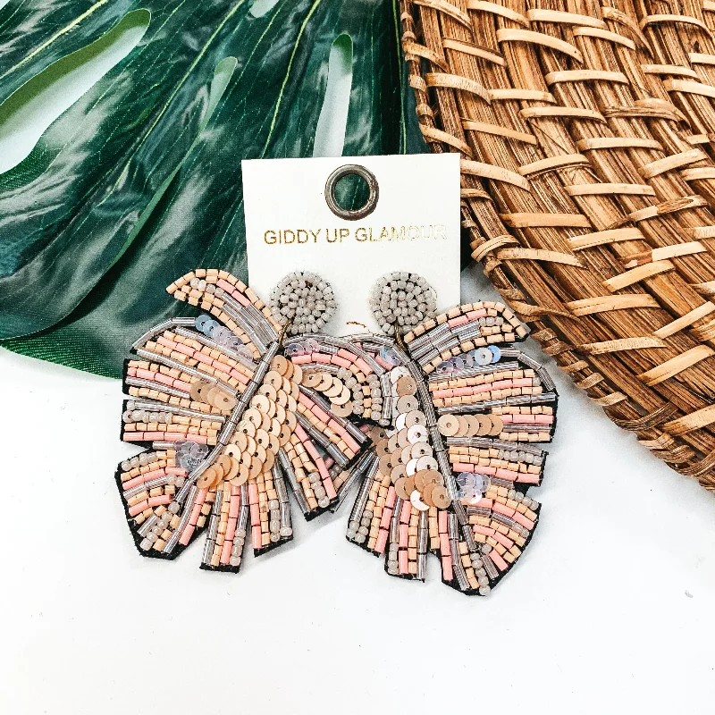 Luxury Crystal Earrings for Women-Beaded Palm Leaf Statement Earrings in Blush