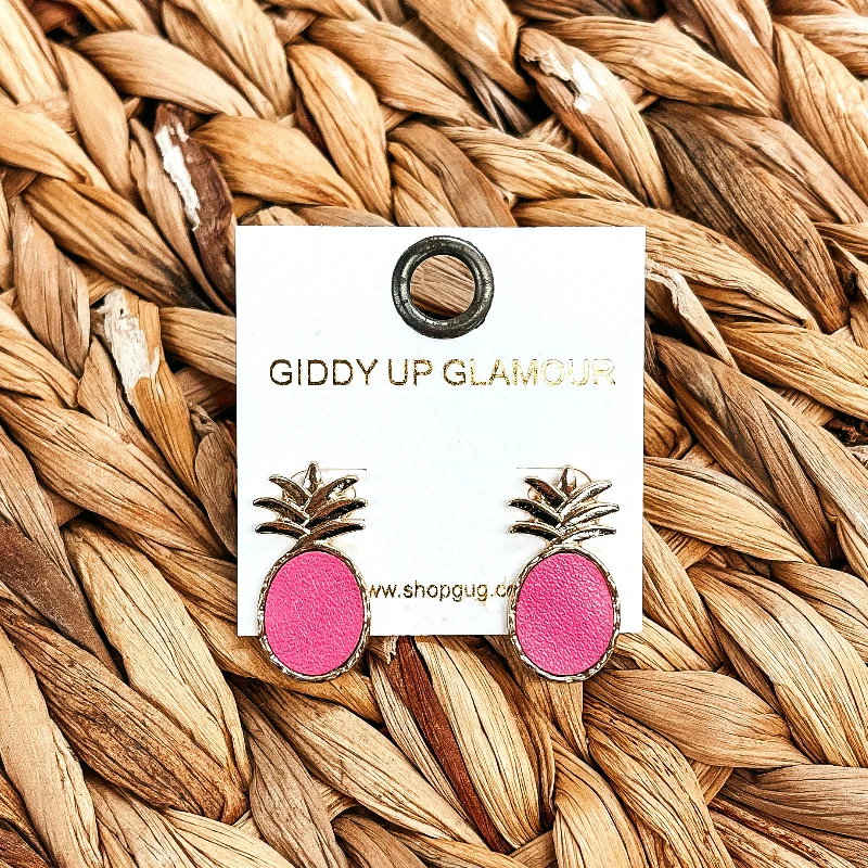 Elegant Gemstone Drop Earrings-Coasting Through Gold Pineapple Post Earrings with Faux Leather in Pink