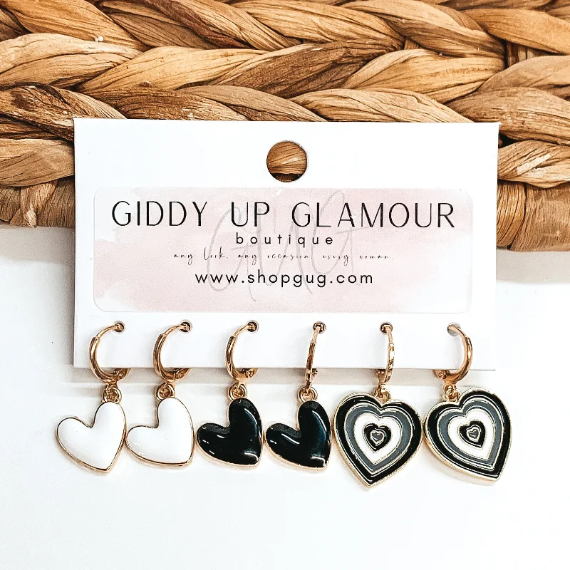 Trendy Crystal Earrings for Women-Gold Tone Hoop Huggie Earring Set with Black and White Heart Charms