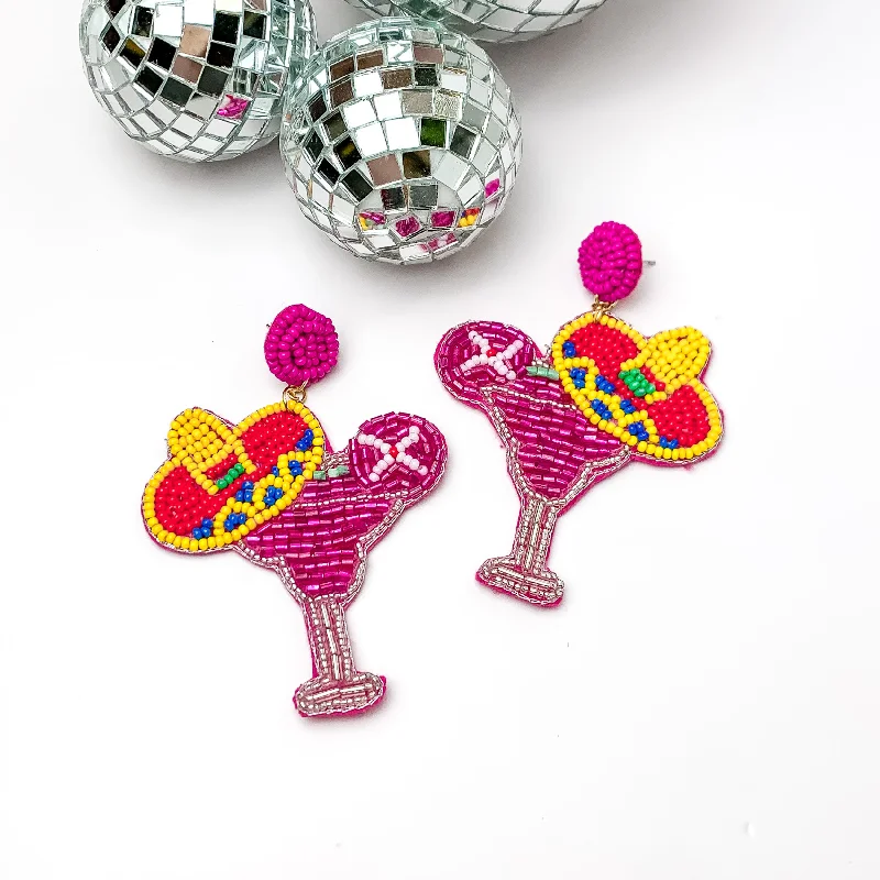 Personalized Silver Earrings-Cocktail Glass in Pink with a Sombrero Hat Earrings