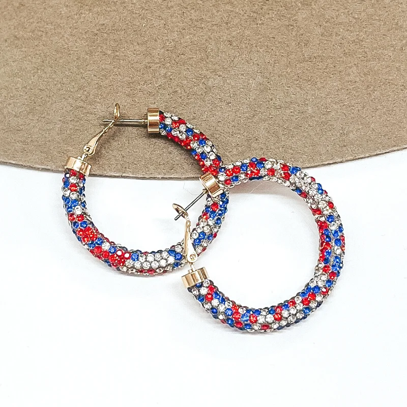 Elegant Drop Earrings-Pink Panache | Small Hoop Earrings with Red, White, and Blue Rhinestone Mesh