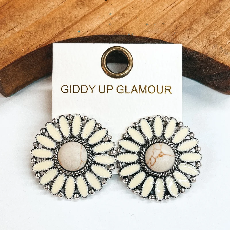 Large Hoop Drop Earrings-Circle Concho Cluster Epoxy Stud Earrings in Ivory