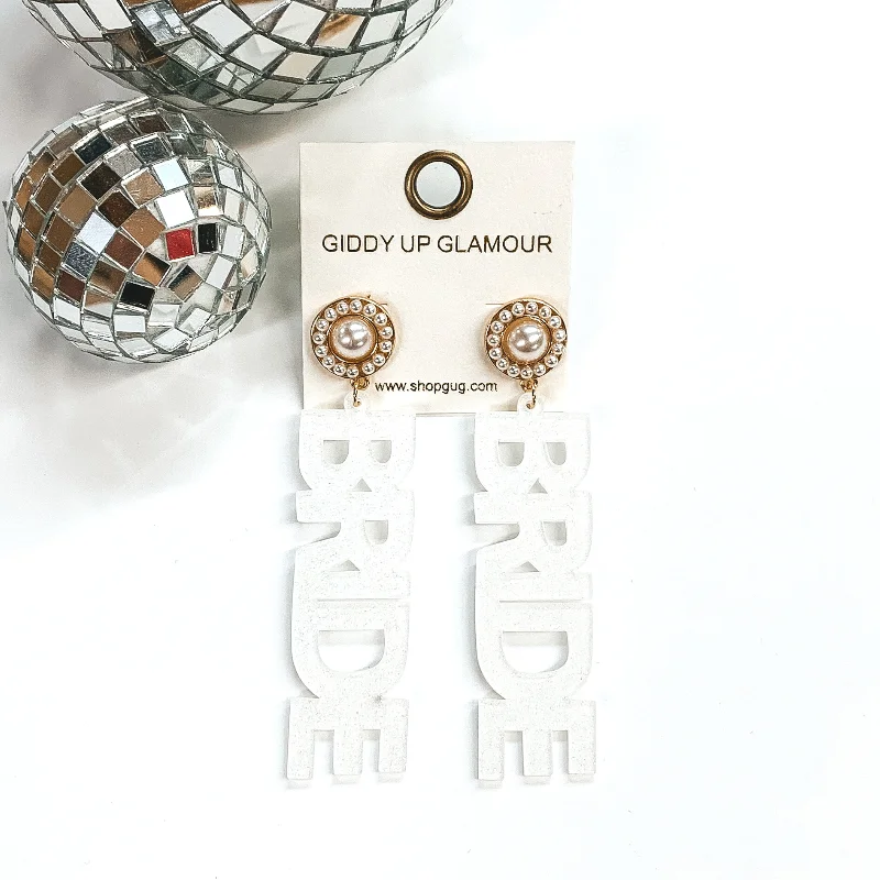 Custom Drop Stud Earrings-White Acrylic Glitter Bride Earrings