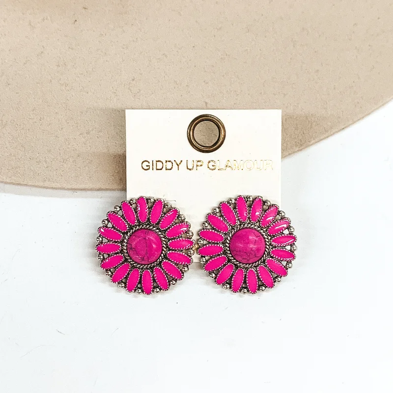 Trendy Crystal Earrings for Women-Circle Concho Cluster Epoxy Stud Earrings in Pink