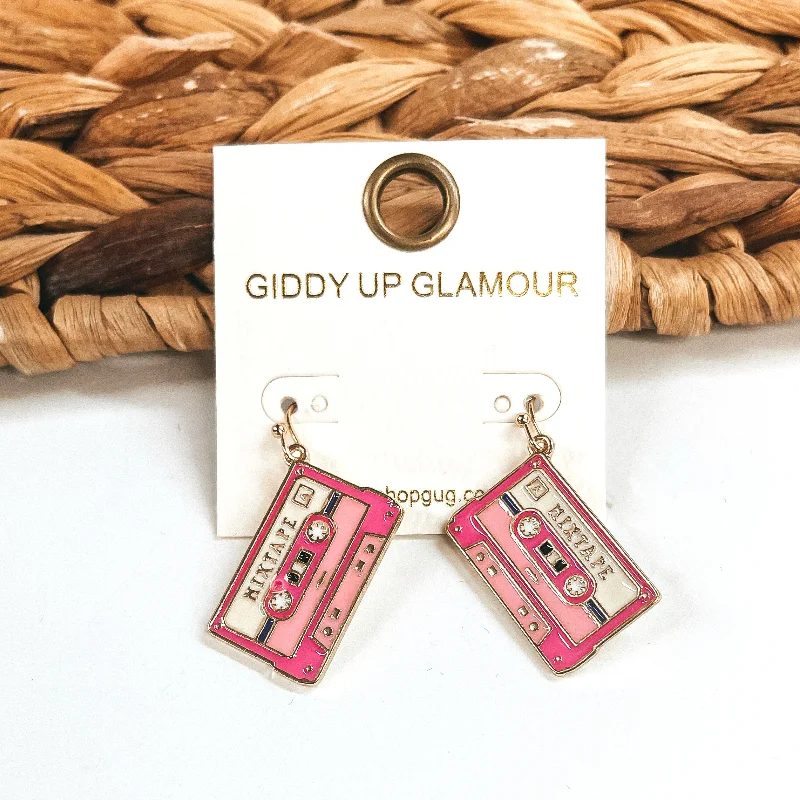 Colorful Drop Earrings-Hearing Music Gold Tone Mixtape Drop Earrings in Pink