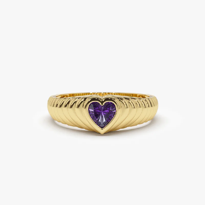 Custom Wedding Ring Bands with Engraving-14k Heart Shape Amethyst Beveled Ring