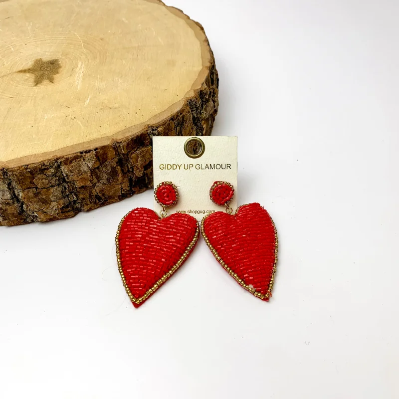 Designer Drop Hoop Earrings-Mending Hearts Beaded Earrings in Red