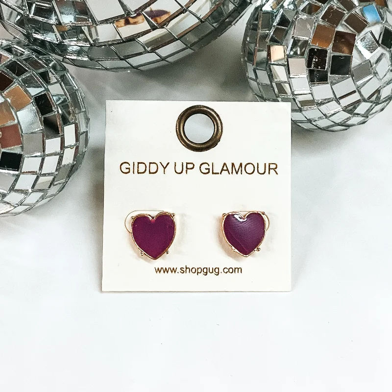 Silver Hoop Earrings-Dark Purple Heart Stud Earrings with Gold Tone Setting