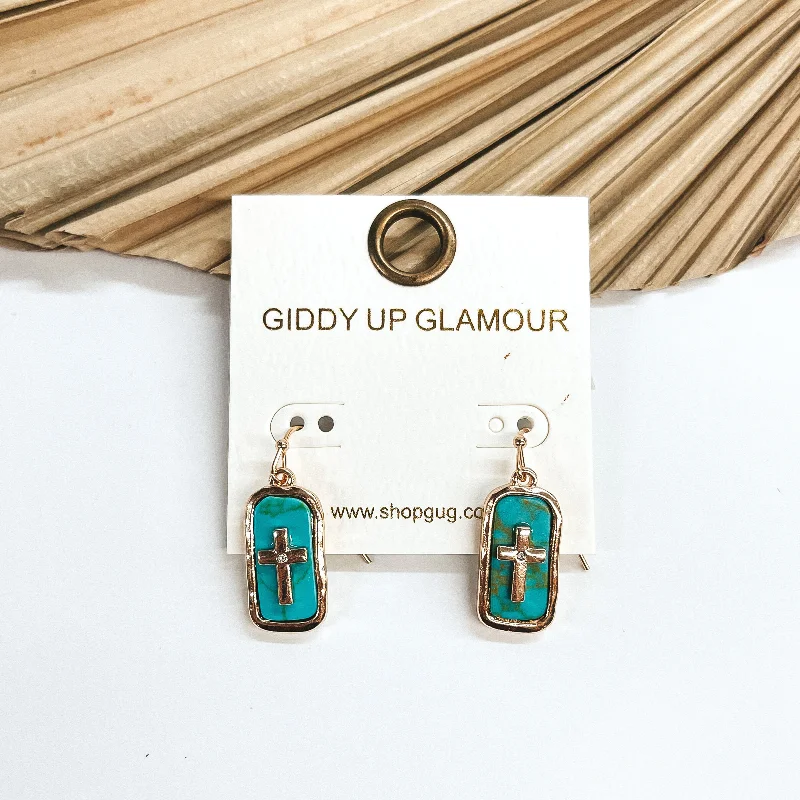 Modern Drop Earrings-Sunday Soul Rectangular Pendant Earrings with Gold Tone Cross and Semi-Precious Stone in Turquoise