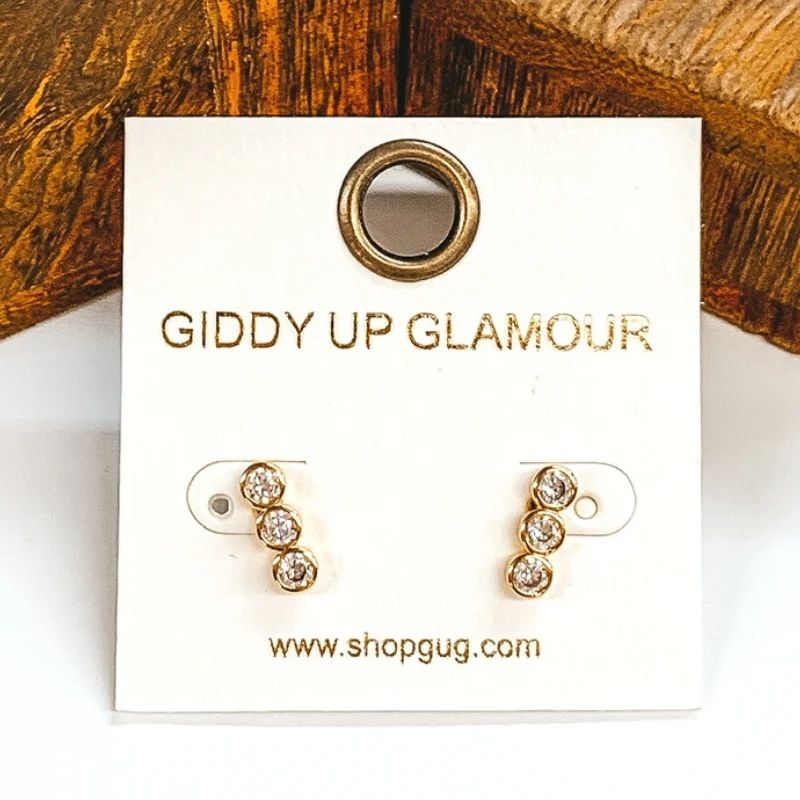 Silver Hoop Earrings-CZ Crystal Triple Stacked Stud Earrings in Gold