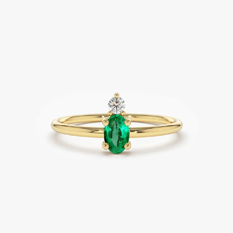 Vintage Custom Wedding Rings-14K Gold Oval Emerald and Diamond Ring