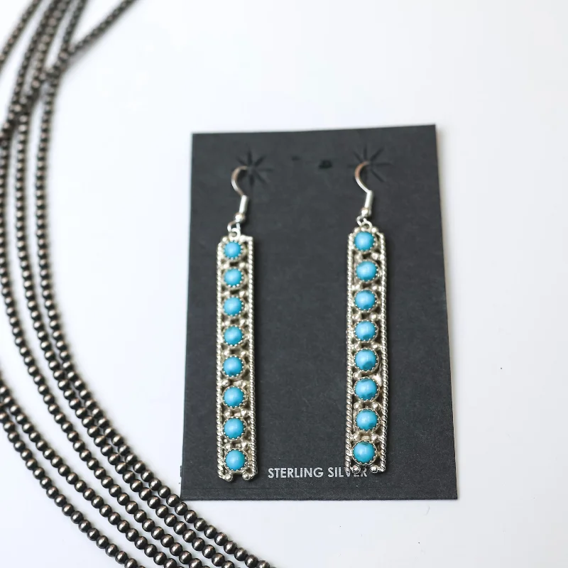 Large Hoop Drop Earrings-Navajo | Navajo Handmade Sterling Silver Rectangle Dangle Earrings with Turquoise Stones