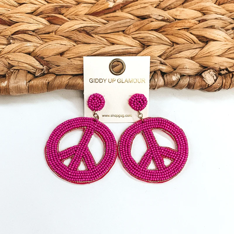 Custom Gemstone Hoop Earrings-Seed Beaded Peace Sign Earrings in Fuchsia Pink