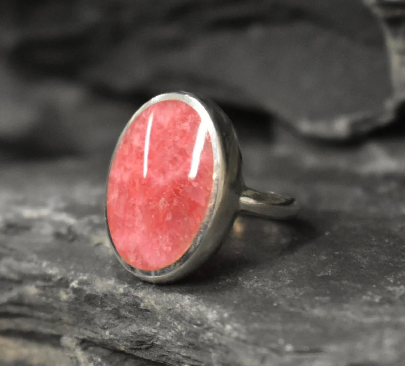 Custom Stackable Wedding Rings-Large Pink Ring - Rhodochrosite Ring - Vintage Oval Ring