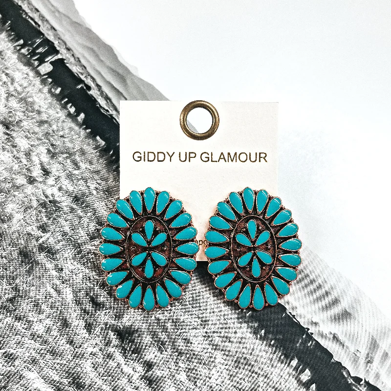 Luxury Crystal Hoop Earrings-Our Last Dance Oval Concho Cluster Epoxy Stud Earrings in Turquoise and Copper Tone