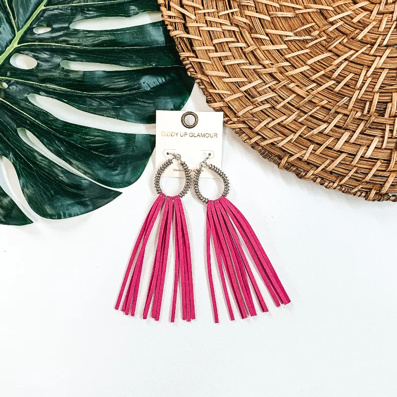 Personalized Drop Earrings-Silver Metal Beaded Hoop Earrings with Fuchsia Tassels