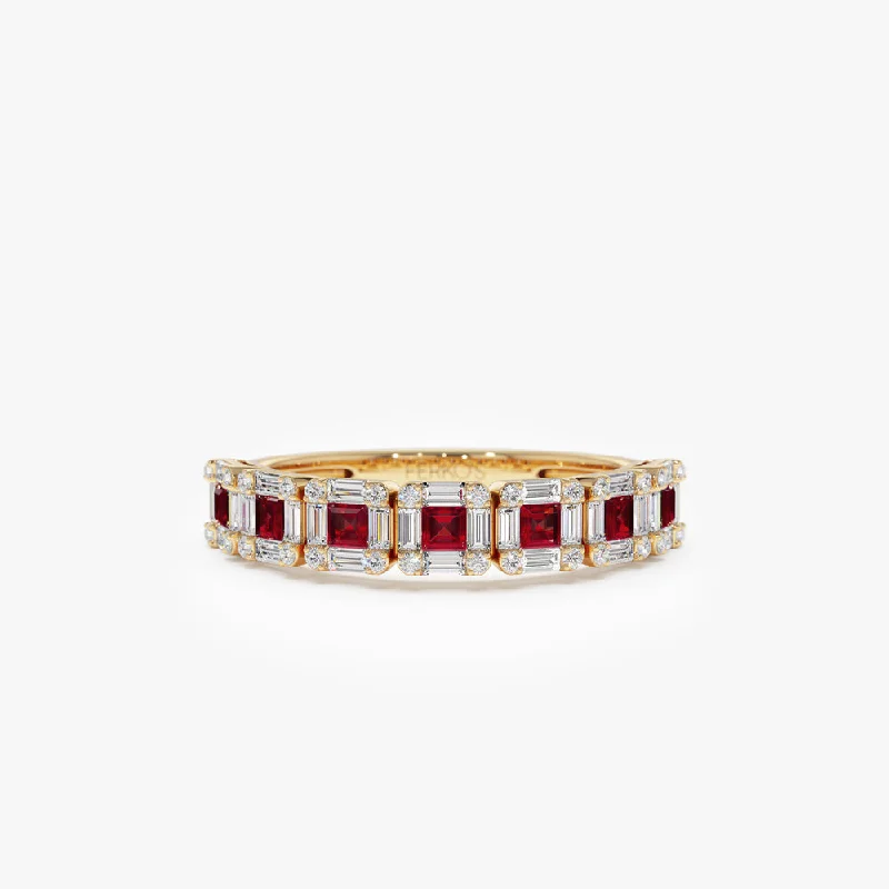 Designer Wedding Rings with Custom Engraving-14k Princess Cut Ruby W/ Baguette and Round Diamond Ring