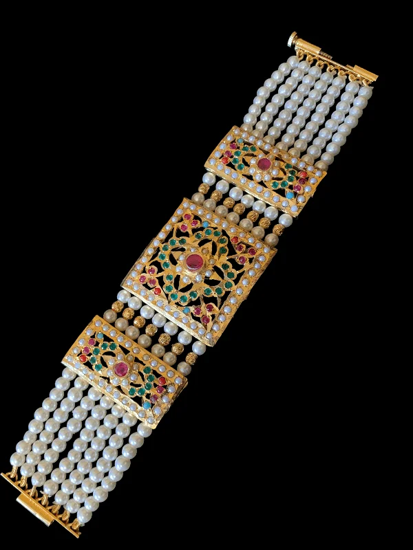 Tennis Bracelets for Elegant Events-B66 Saira jadau bracelet in navratan with pearls    ( SHIPS IN 4 WEEKS )