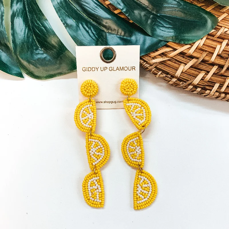 Large Crystal Earrings-Seed Bead Lemon Earrings in Yellow