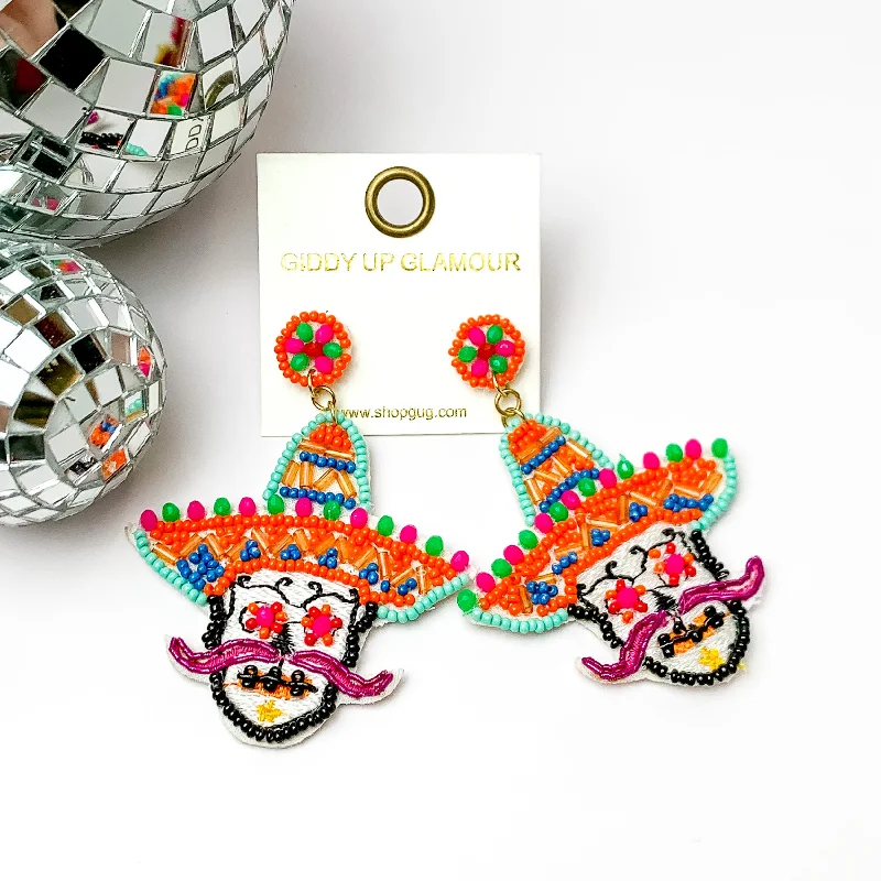 Handcrafted Drop Earrings-Post Back Beaded Sugar Skull Earrings in Multicolor