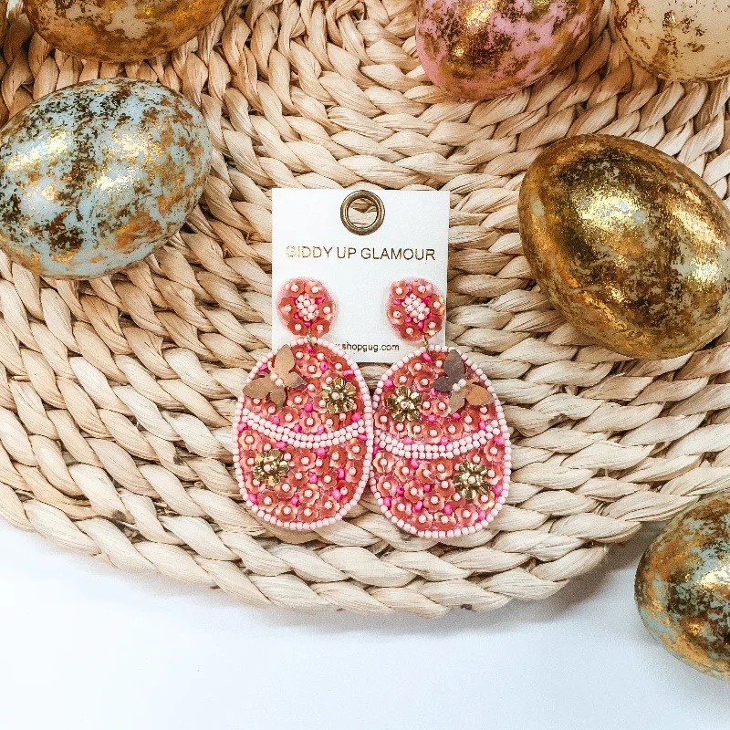 Custom Crystal Hoop Earrings-Hoppy Easter Sequin Beaded Easter Egg Earrings in Blush Pink