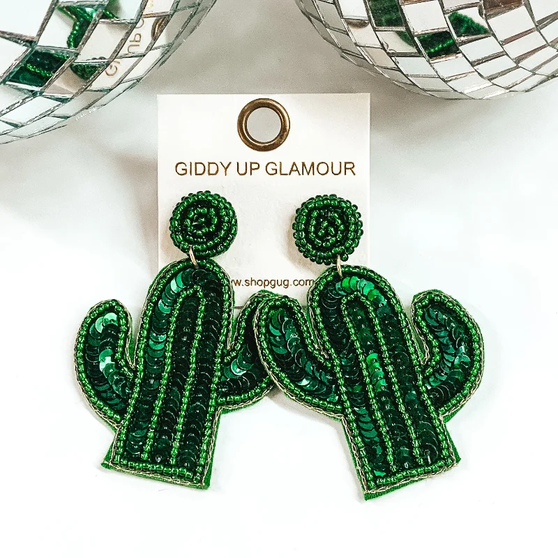 Elegant Gold Drop Earrings-Sequin Beaded Cactus Earrings in Green