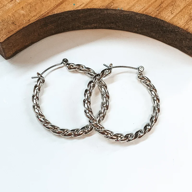 Trendy Hoop Earrings-Twisted Rope Hoops in Silver