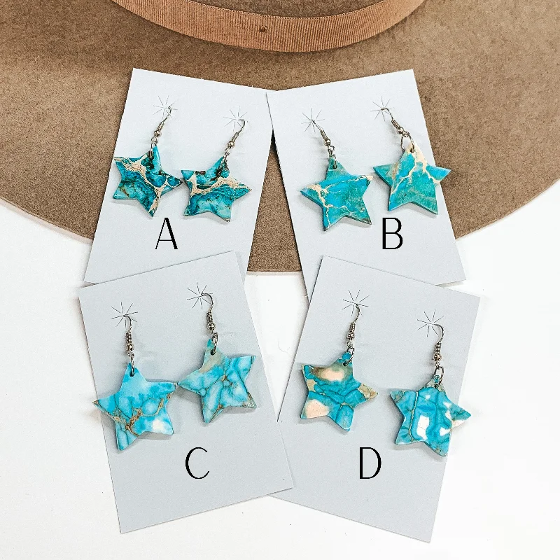 Custom Gold Drop Earrings-Navajo | Navajo Handmade Star Blue Indigo Turquoise Slab Earrings on Sterling Silver Fishhook