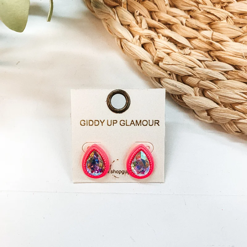 Trendy Hoop Drop Earrings-Teardrop Glass Stone Post Earrings with AB Crystal in Pink