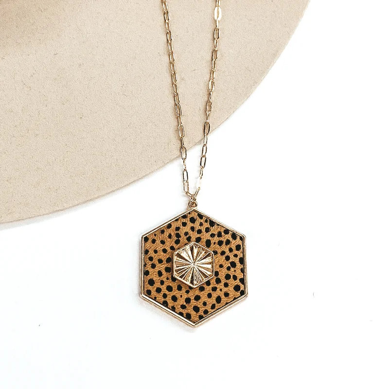 Custom Crystal Earrings for Women-Long Gold Chain Necklace with a Hexagon Pendant in Tan Cheetah Print