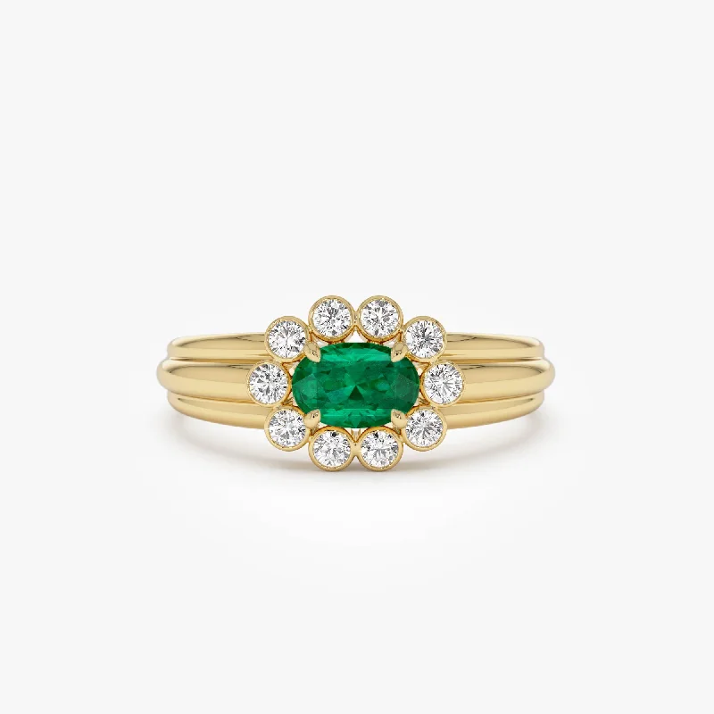 Fashion Engagement Rings for Women-14k Oval Shaped Emerald with Bezel Hale Setting Ring