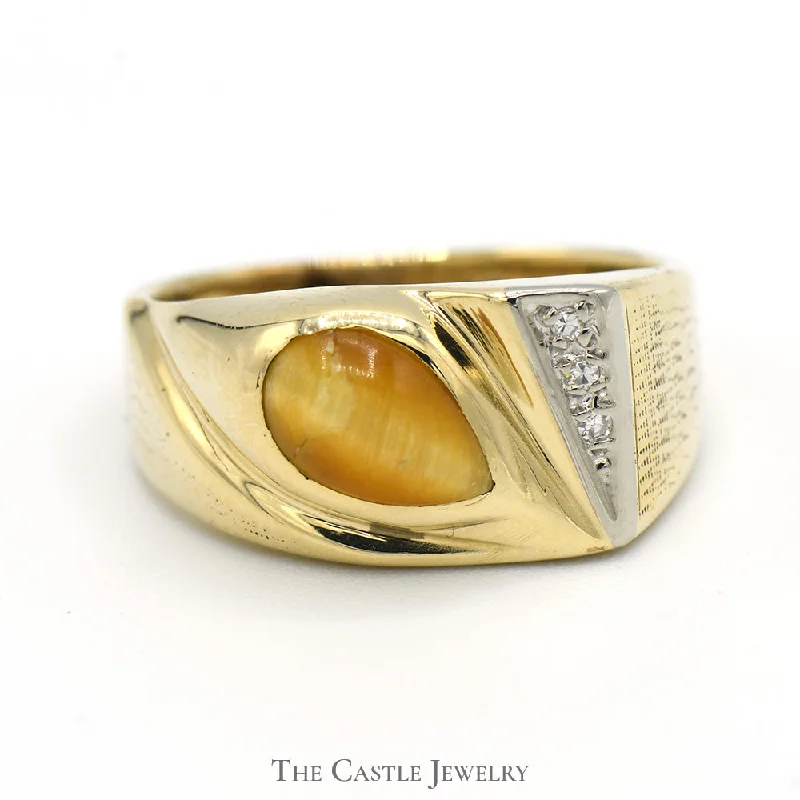 Custom Signet Wedding Rings-Pear Shaped Cabochon Yellow Cats Eye Ring with Diamond Accents in 10k Yellow Gold