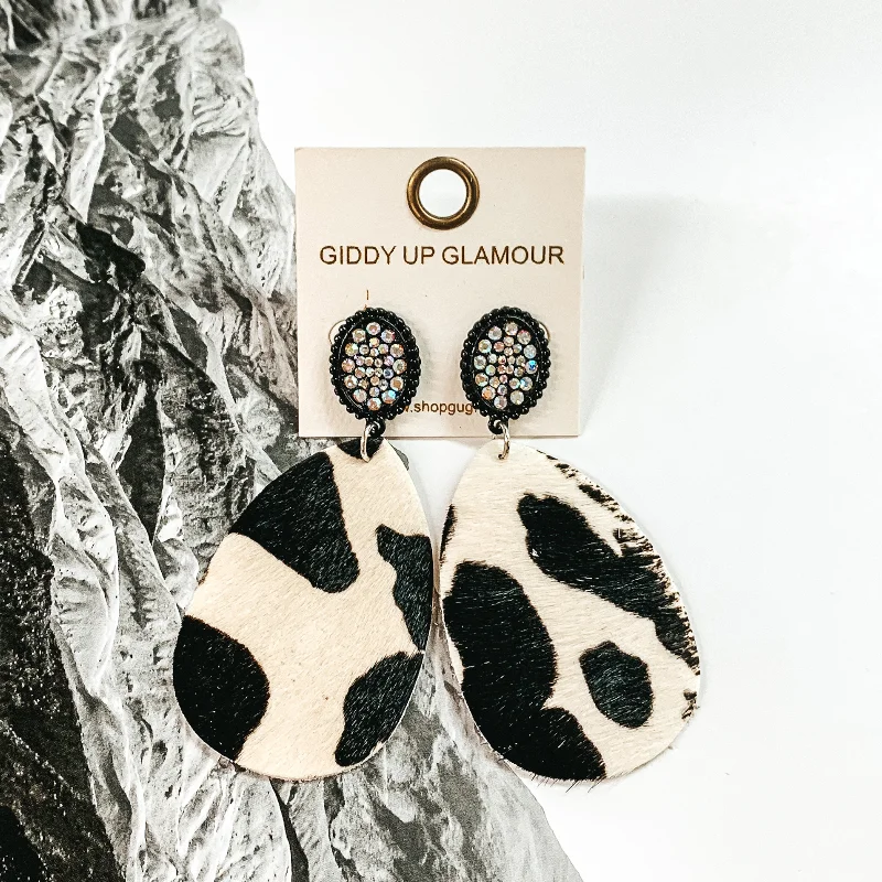 Sparkling Silver Earrings-AB Crystal Black Stud Earrings with Hanging Teardrop in Black and White Cow Print