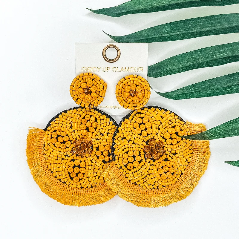 Classic Drop Earrings-Large Seedbead and Crystal Beaded Statement Earrings with Fringe Trim in Mustard