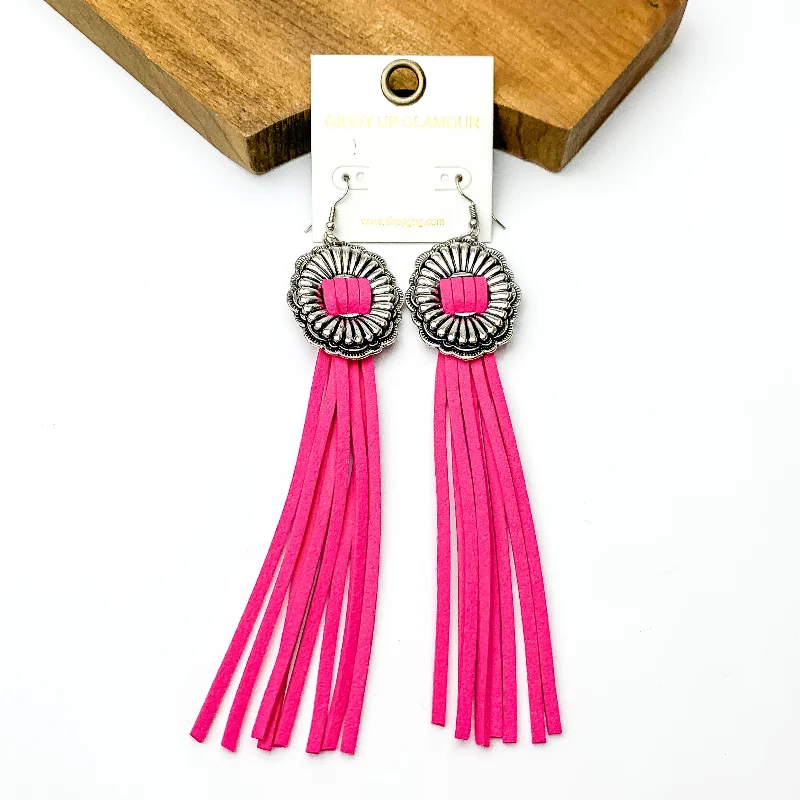 Simple Silver Hoop Earrings-Silver Tone Concho Dangle Earrings with Pink Tassels