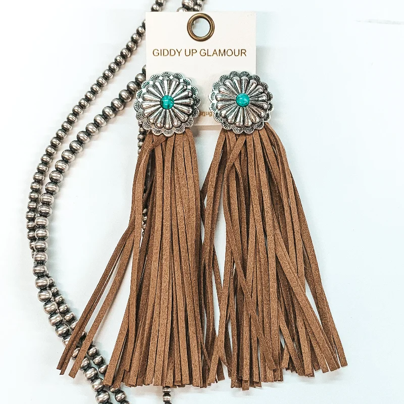 Elegant Drop Earrings for Women-Silver Concho and Center Turquoise Stone Post Earrings with Faux Leather Tassels in Brown