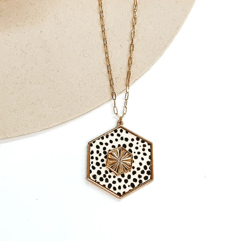 Luxury Pearl Earrings-Long Gold Chain Necklace with a Hexagon Pendant in Ivory Cheetah Print